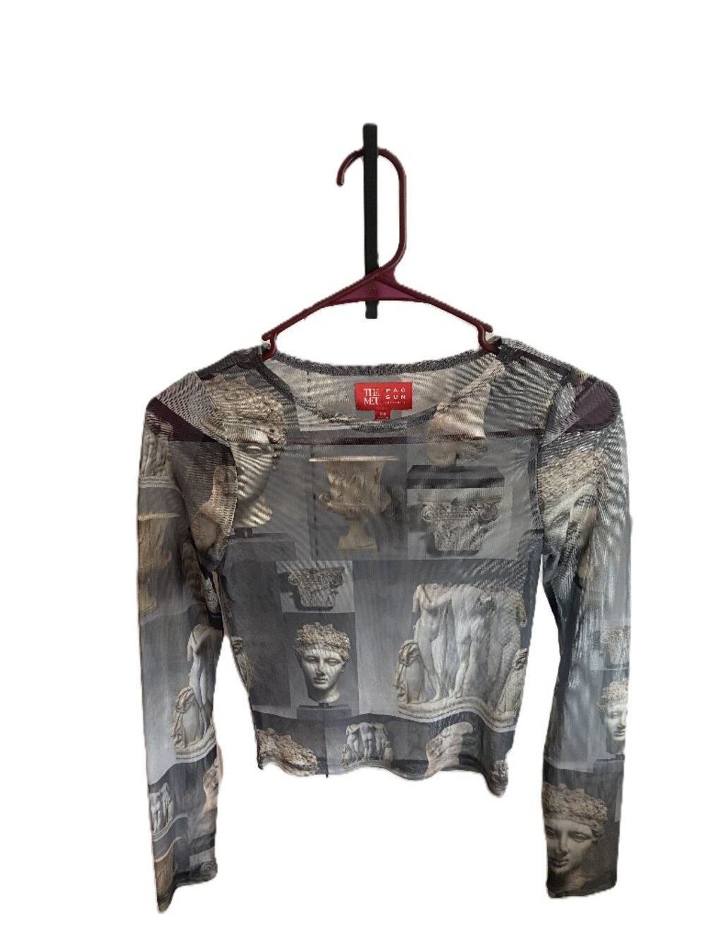 The MET x Pacsun XS Gray Statue-Print Shher Mesh Long Sleeve Top Artcore
